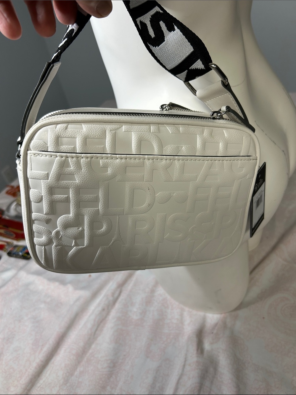 Karl Lagerfeld White Embossed Logo Camera Bag with Black Strap - Picture 3 of 4